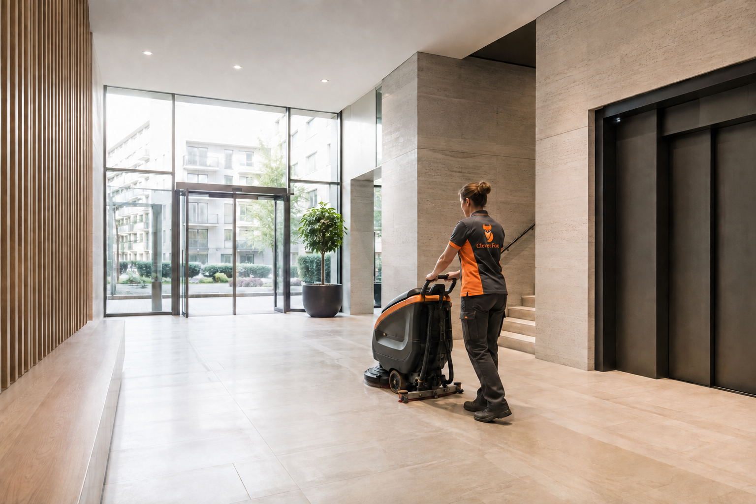 CleverFox-medewerker reinigt de vloer van een ruime entreehal met een schrobmachine, naast de liften