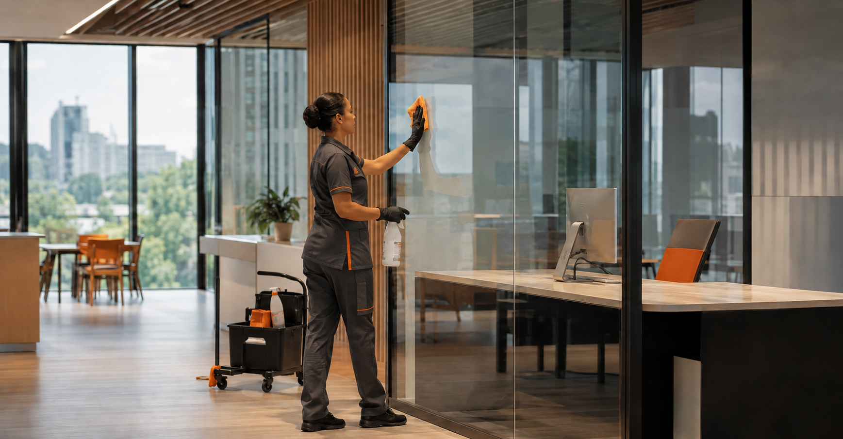 CleverFox-medewerker in bedrijfskleding reinigt een glazen scheidingswand in een licht, modern kantoor