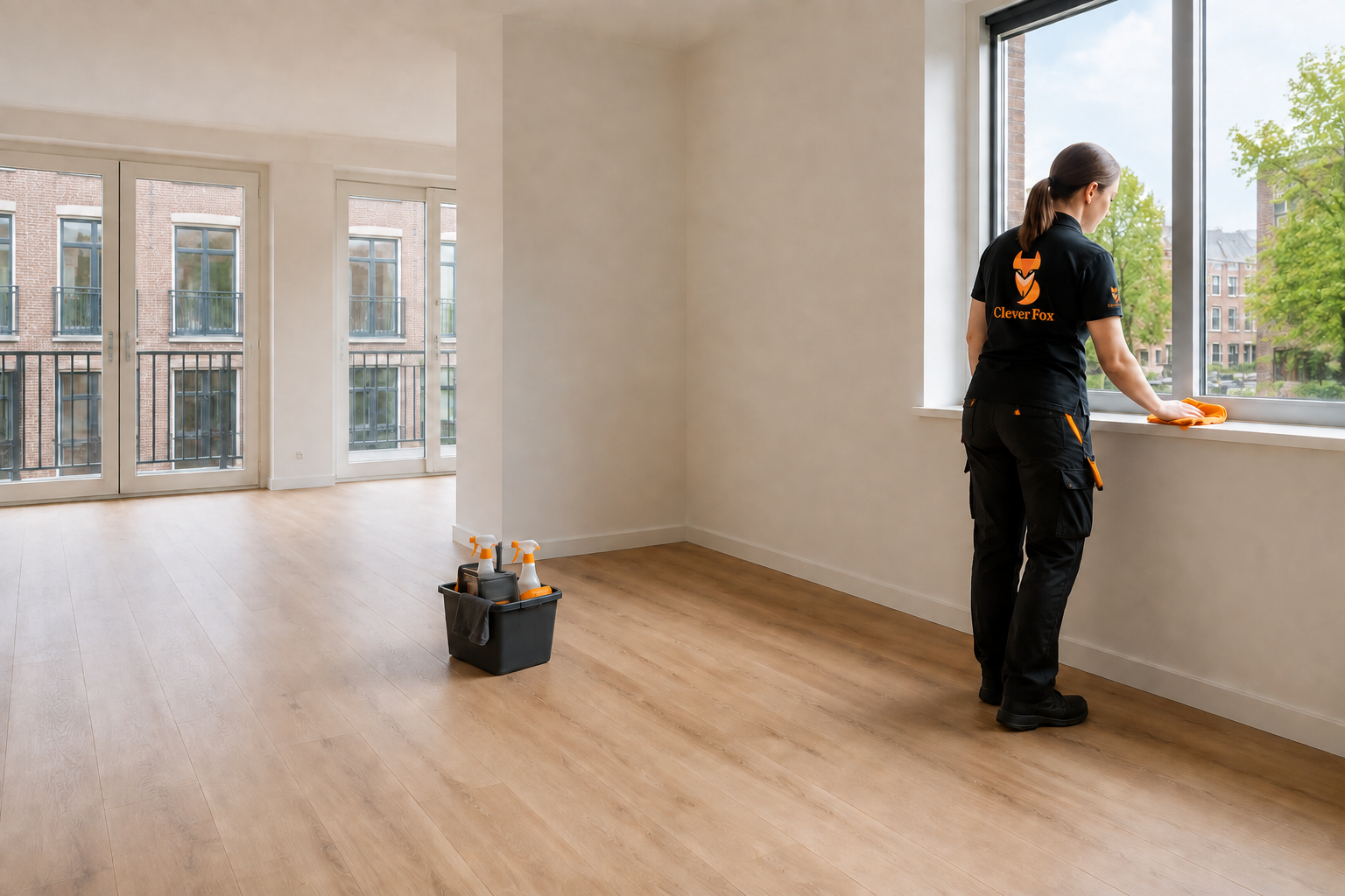 CleverFox-medewerker maakt de vensterbank schoon in een leeg appartement bij een opleveringsschoonmaak